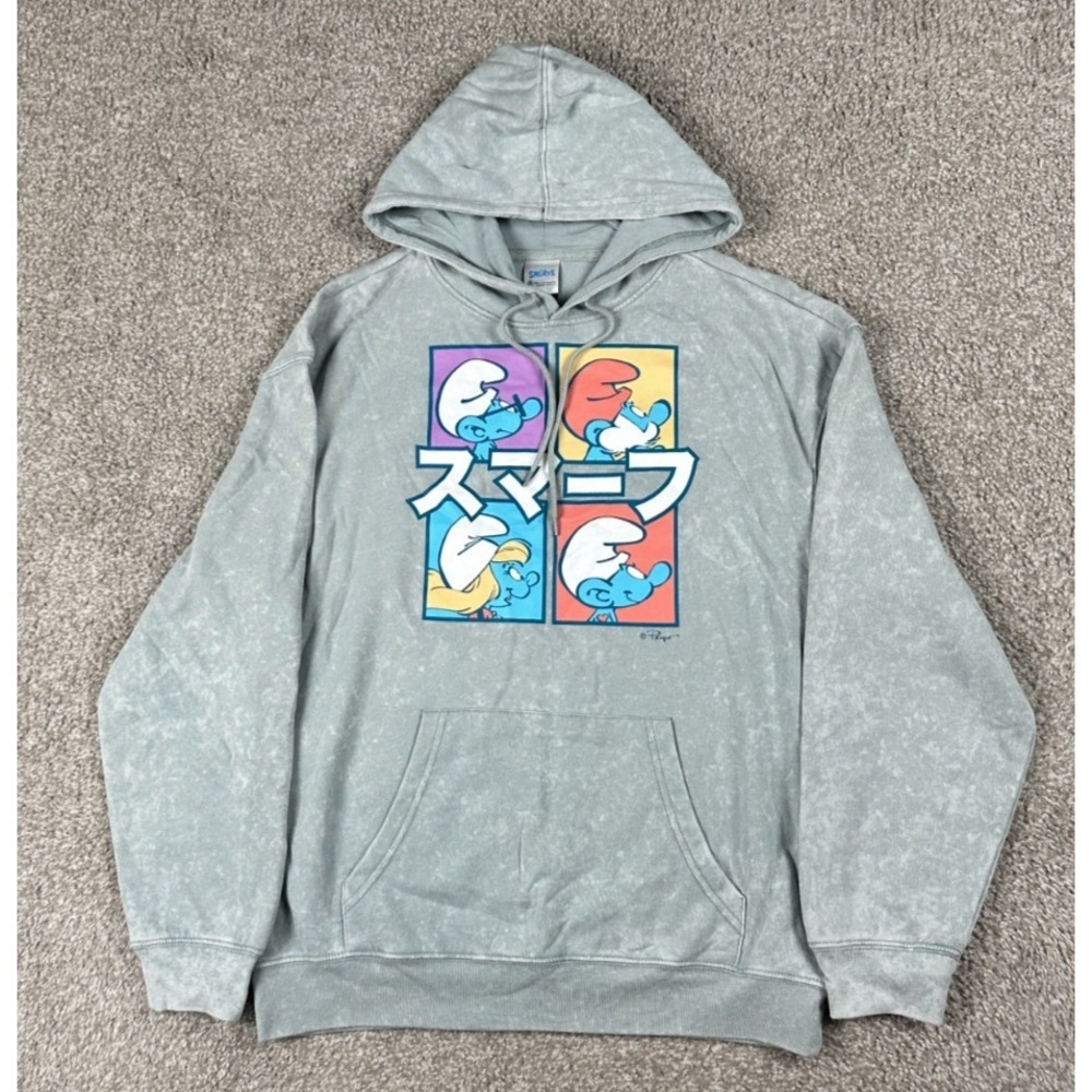 Smurfs Hoodie Mens Medium Gray Pullover Fleece Sweatshirt Relaxed Fit Mad Engine